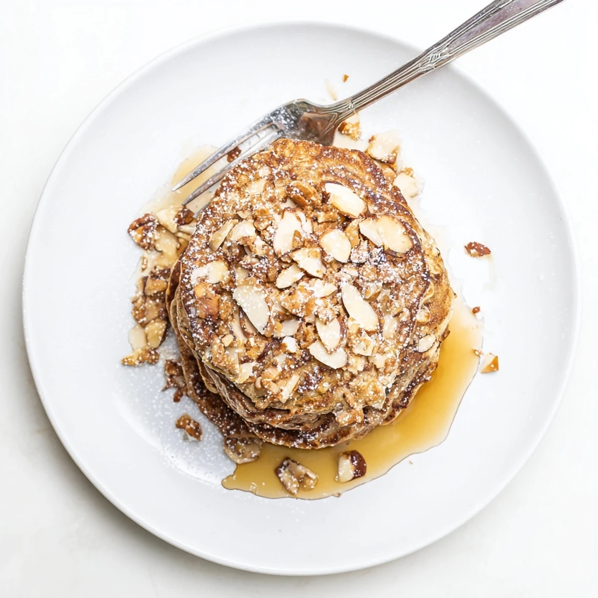 Stacked Almond Croissant Protein Pancakes dusted with powdered sugar, maple drizzle