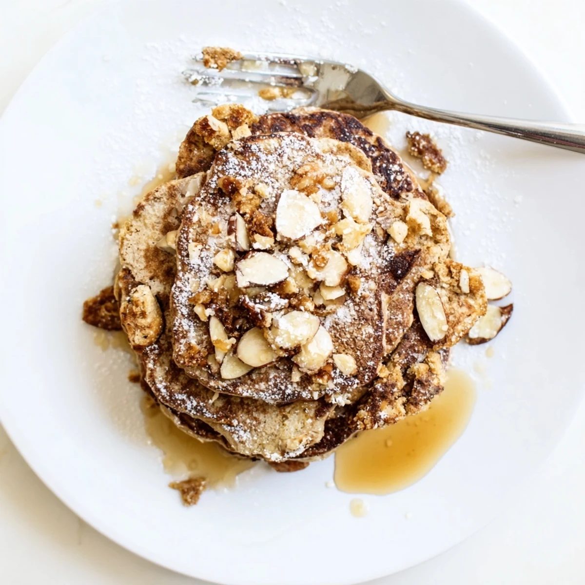 Fluffy Almond Croissant Protein Pancakes served with berries and a dollop of yogurt