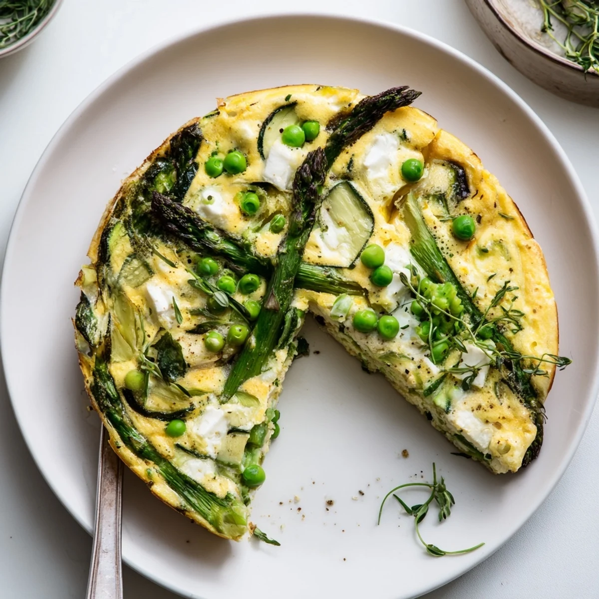 Warm Spring Vegetable Frittata With Goat Cheese on skillet, golden edges.