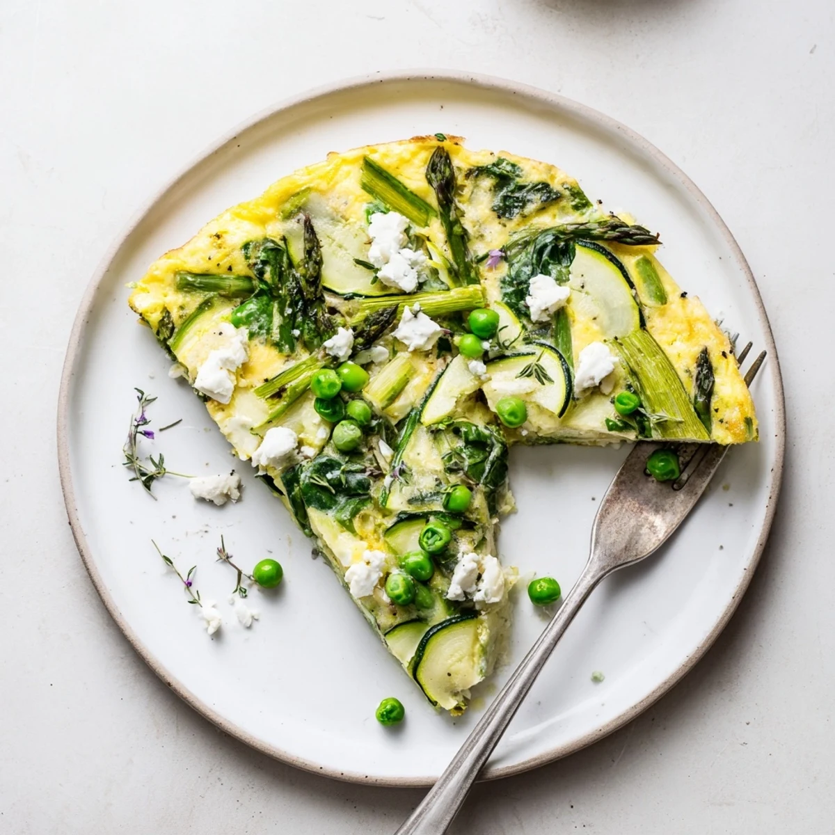 Bright Spring Vegetable Frittata With Goat Cheese studded with peas, asparagus, herbs.