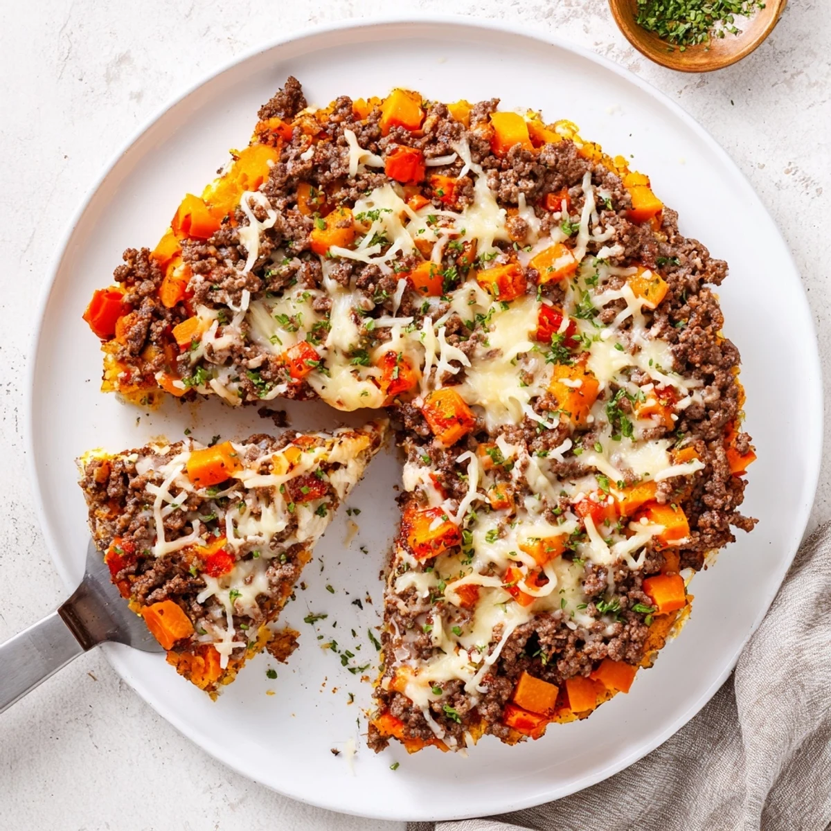Cottage Cheese Ground Beef And Sweet Potato Casserole, bubbling golden cheese, steaming