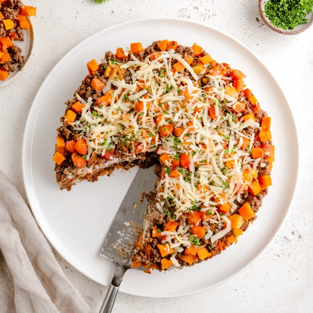 Baked Cottage Cheese Ground Beef And Sweet Potato Casserole with herb garnish