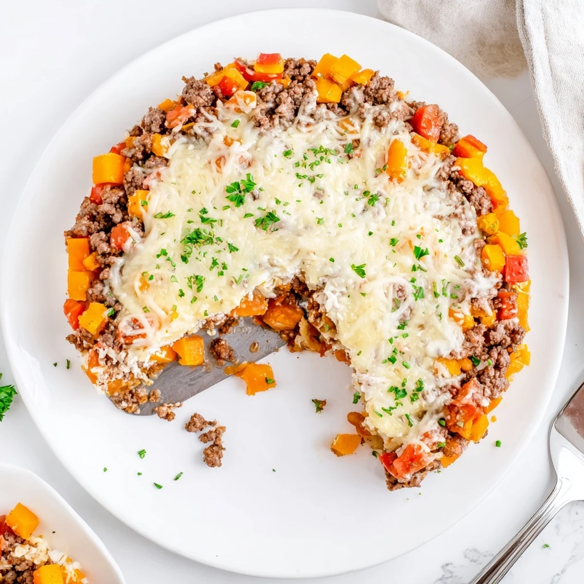 Hearty Cottage Cheese Ground Beef And Sweet Potato Casserole slice beside green salad