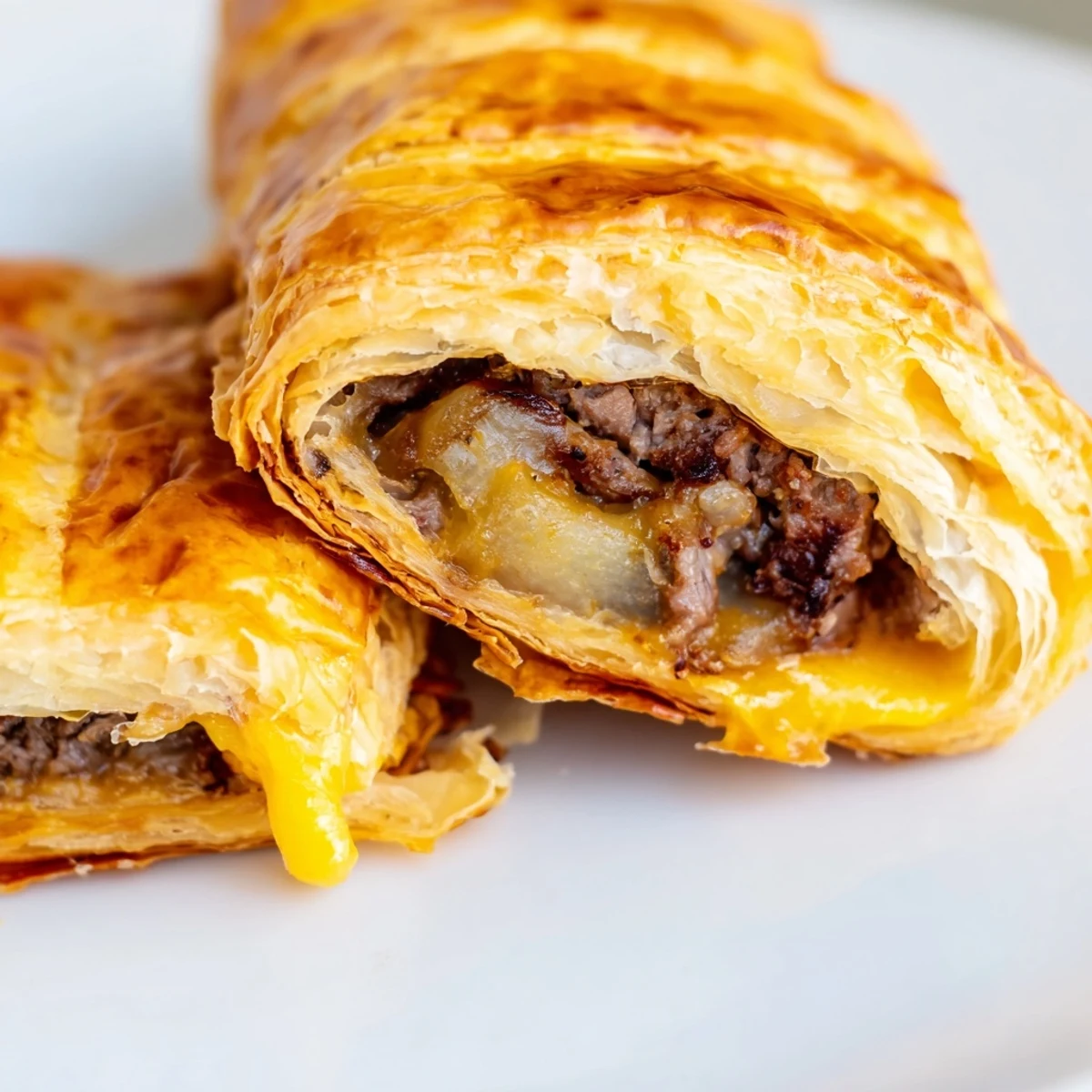 Golden baked Greggs inspired steak and cheese roll with melted cheddar oozing from flaky puff pastry
