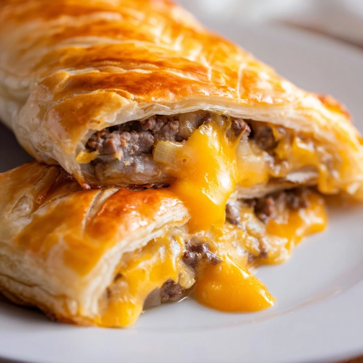 Close-up of Greggs inspired steak and cheese roll showcasing tender seared beef and melted cheddar filling