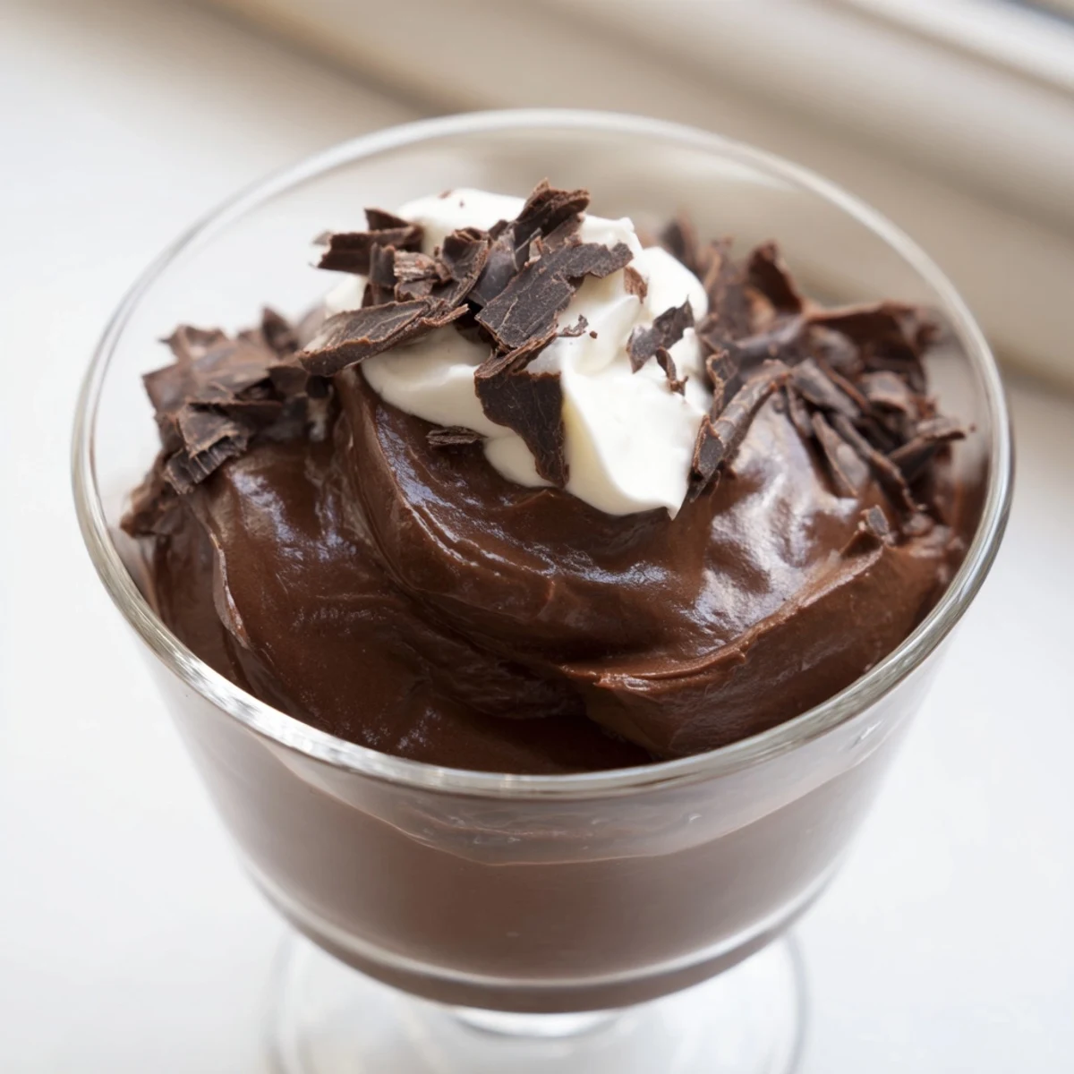 Velvety chocolate mousse served in elegant glasses topped with dark chocolate shavings