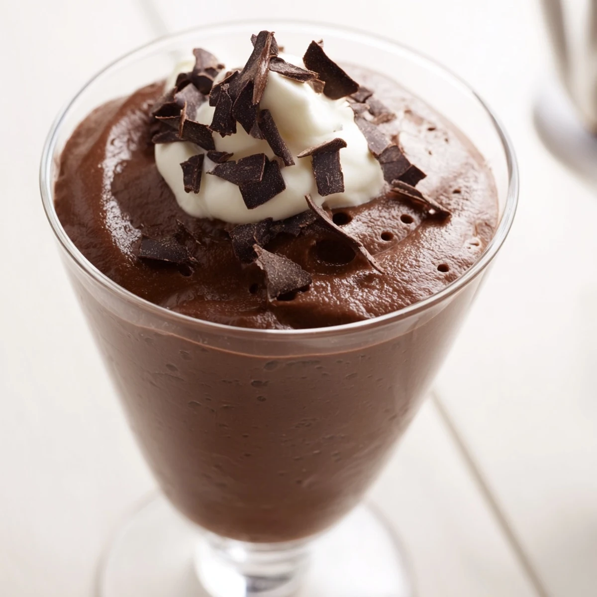 Silky homemade chocolate mousse chilled in glass ramekins ready for an elegant dinner