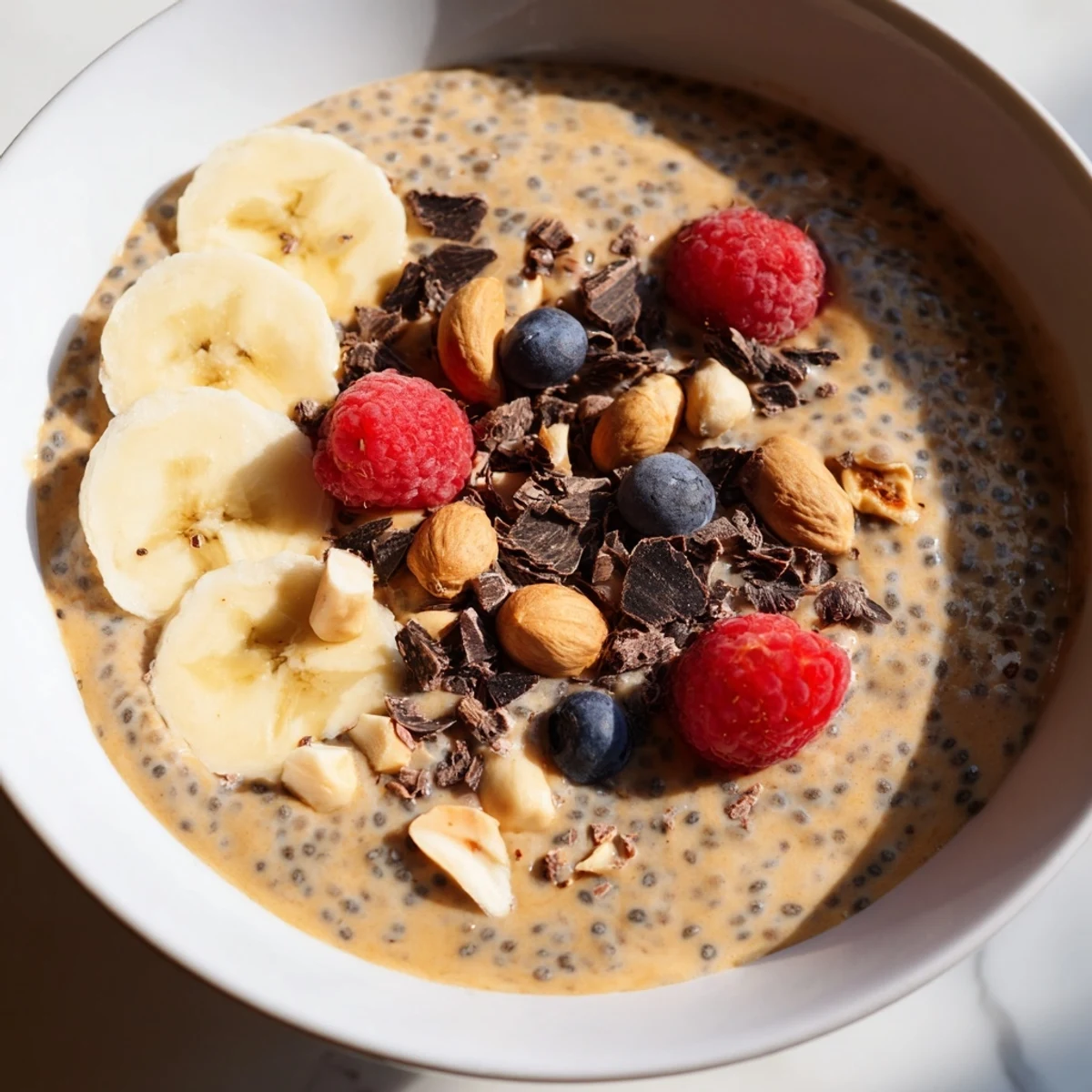 Creamy peanut butter chia pudding topped with fresh berries in a glass jar