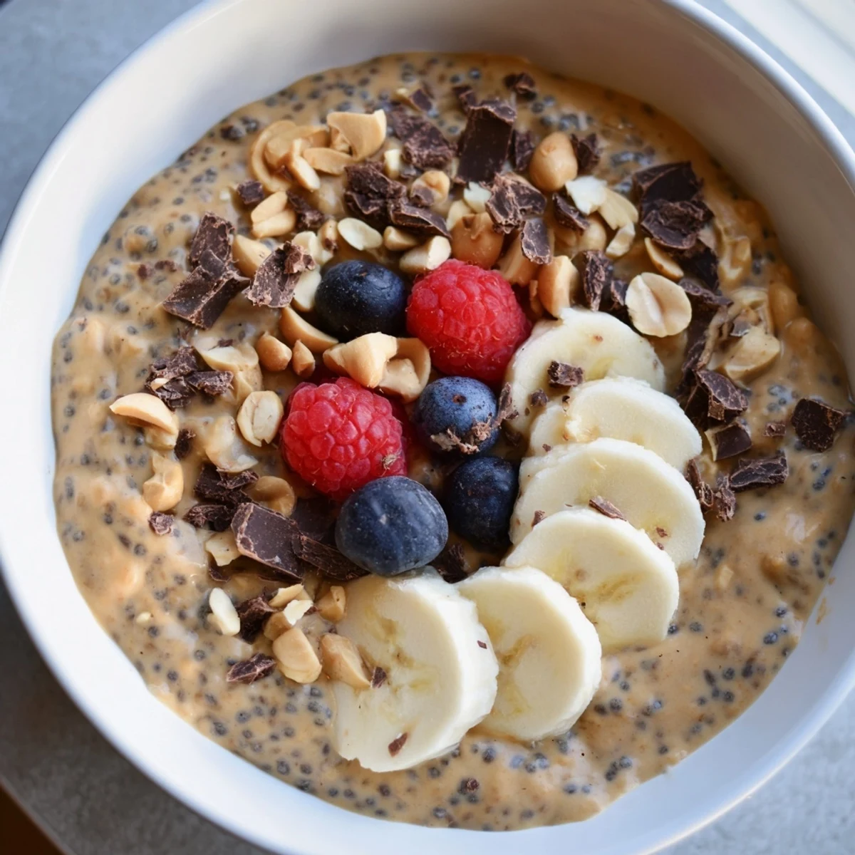 Velvety peanut butter chia pudding served in bowls with dark chocolate shavings