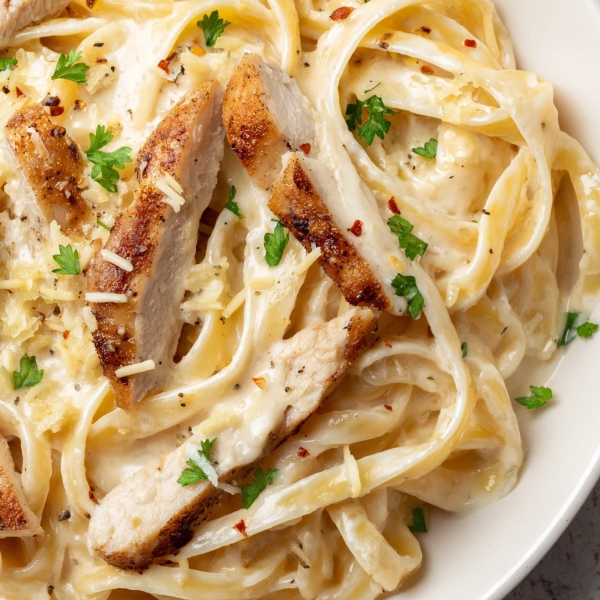 Creamy Garlic Parmesan Chicken Pasta draped in silky golden sauce on a white plate