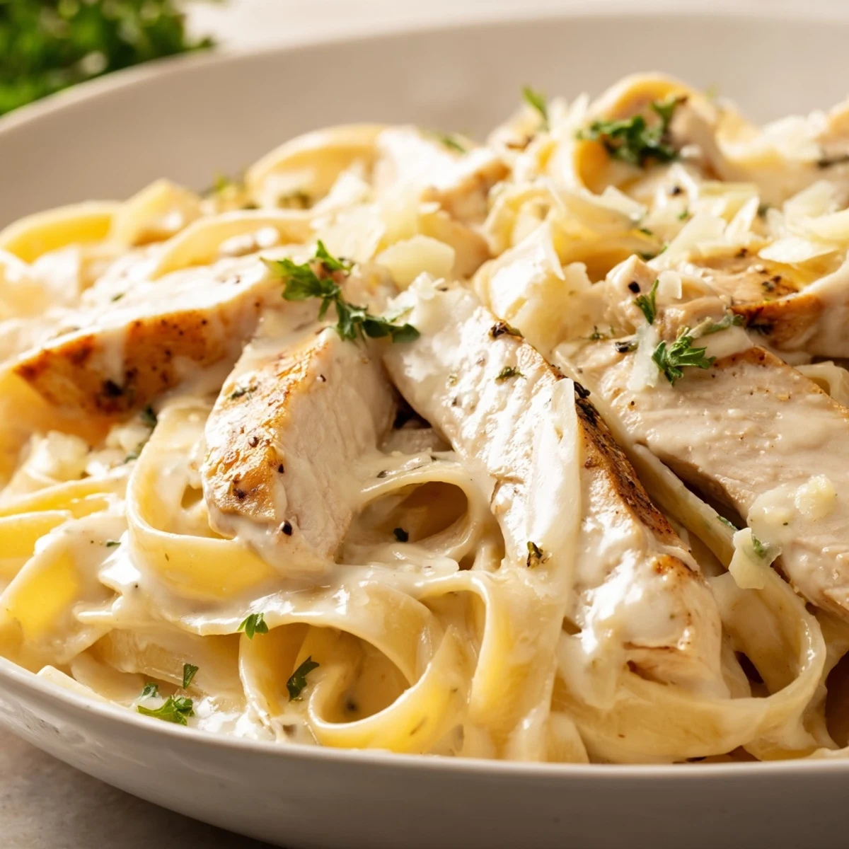 Steaming bowl of Creamy Garlic Parmesan Chicken Pasta coated in rich garlic butter sauce