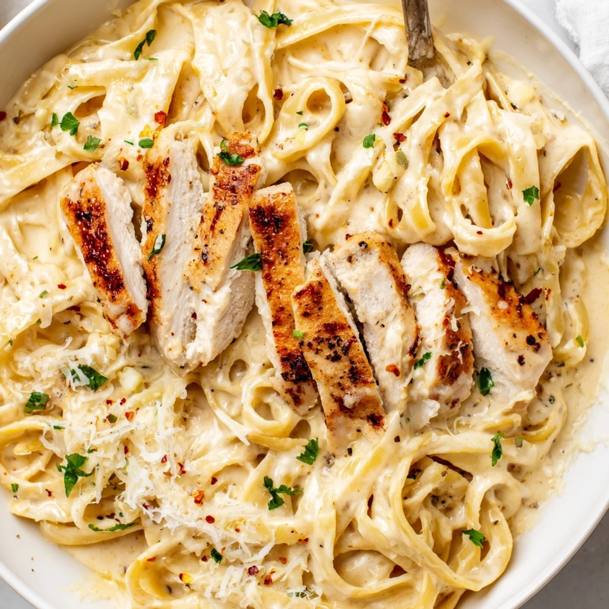 Tender chicken strips nestled in Creamy Garlic Parmesan Chicken Pasta with fresh parsley garnish