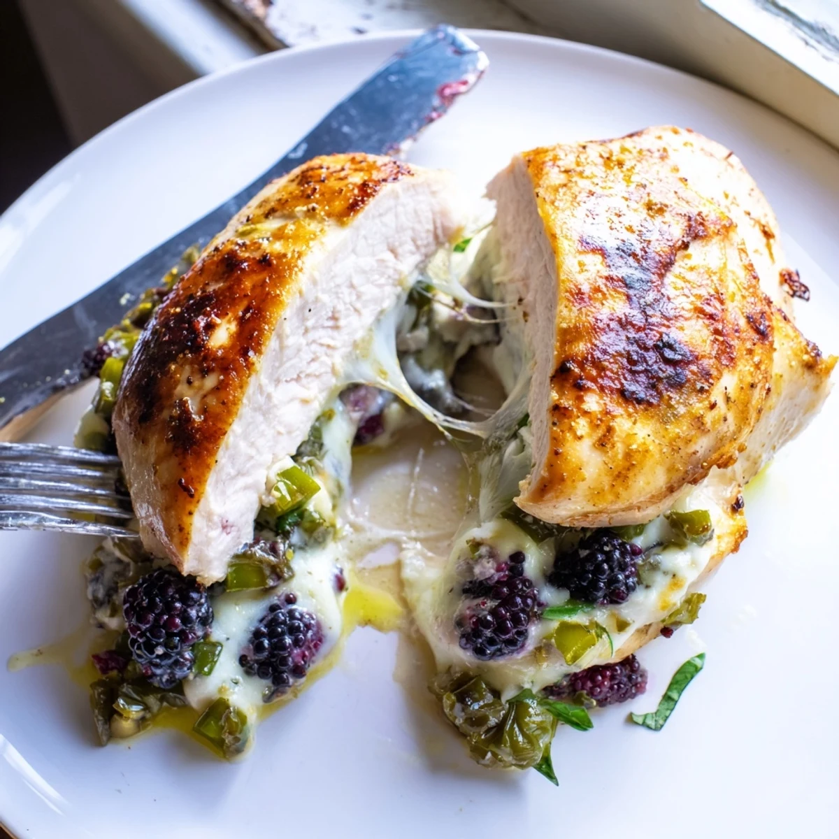 Blackberry jalapeno stuffed chicken sliced open revealing creamy goat cheese and juicy berry filling