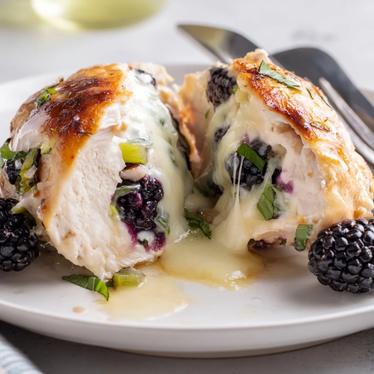 Golden baked blackberry jalapeno stuffed chicken with melted mozzarella on a rustic plate