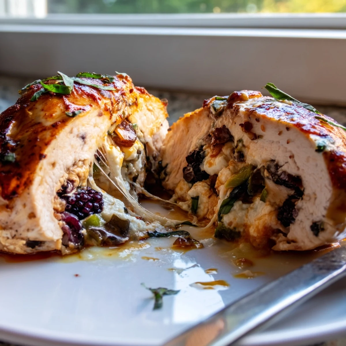 Crispy seared blackberry jalapeno stuffed chicken bubbling with melted cheese ready for weeknight dinner