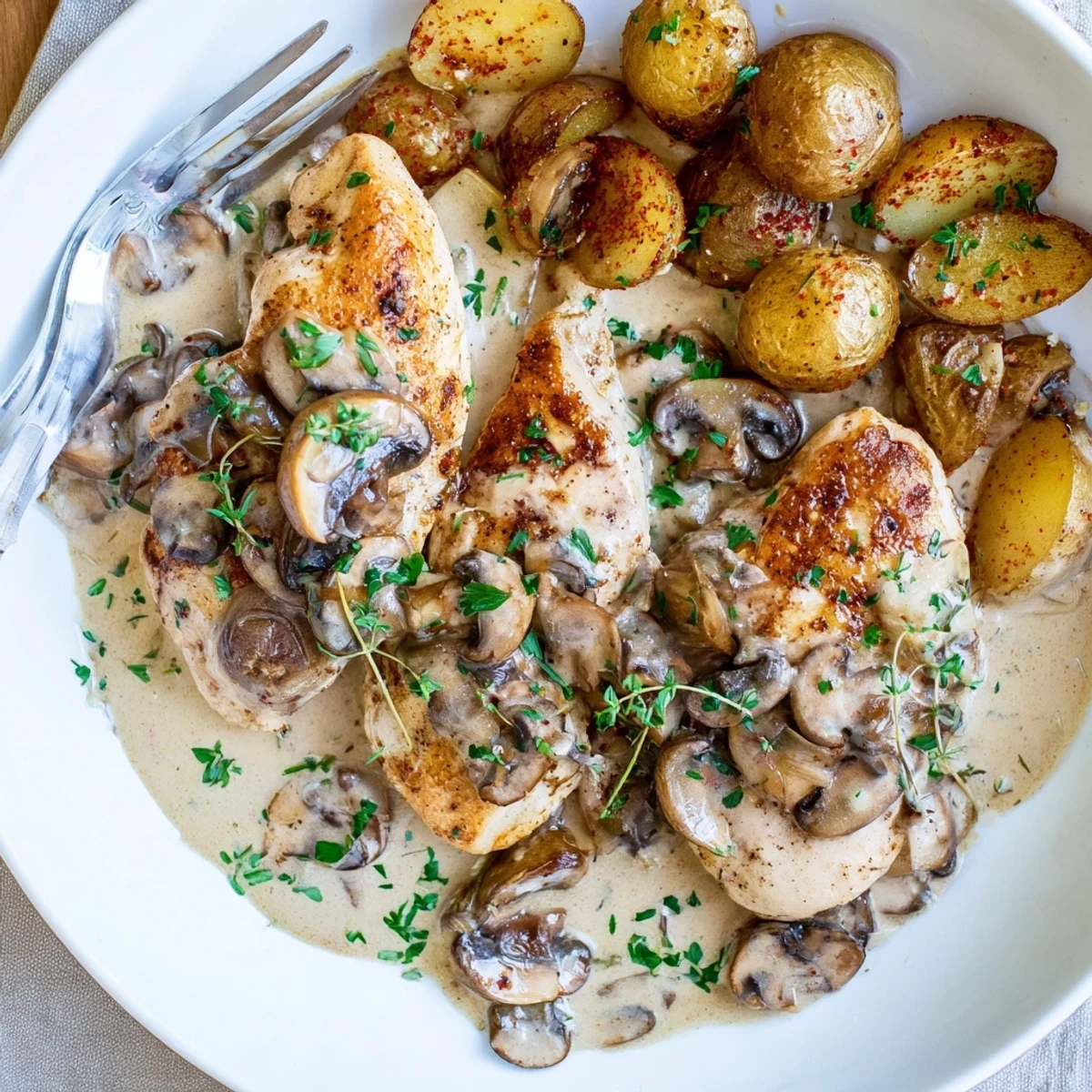 Creamy mushroom chicken topped with fresh thyme beside golden crispy herb potatoes