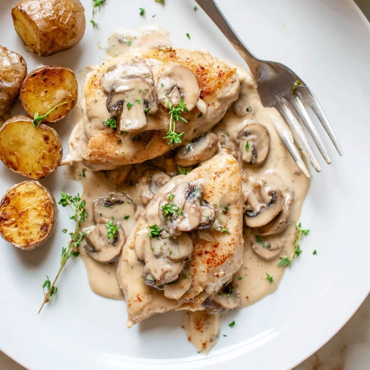 Juicy seared chicken smothered in velvety mushroom cream sauce with roasted potatoes