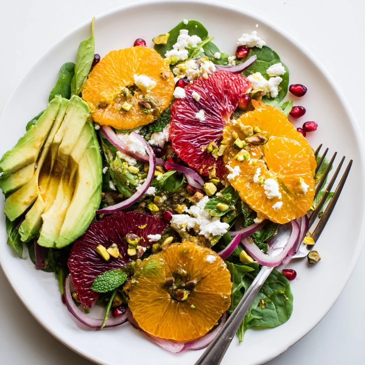Citrus Salad with Pomegranate Jewels layered on a rustic white serving platter