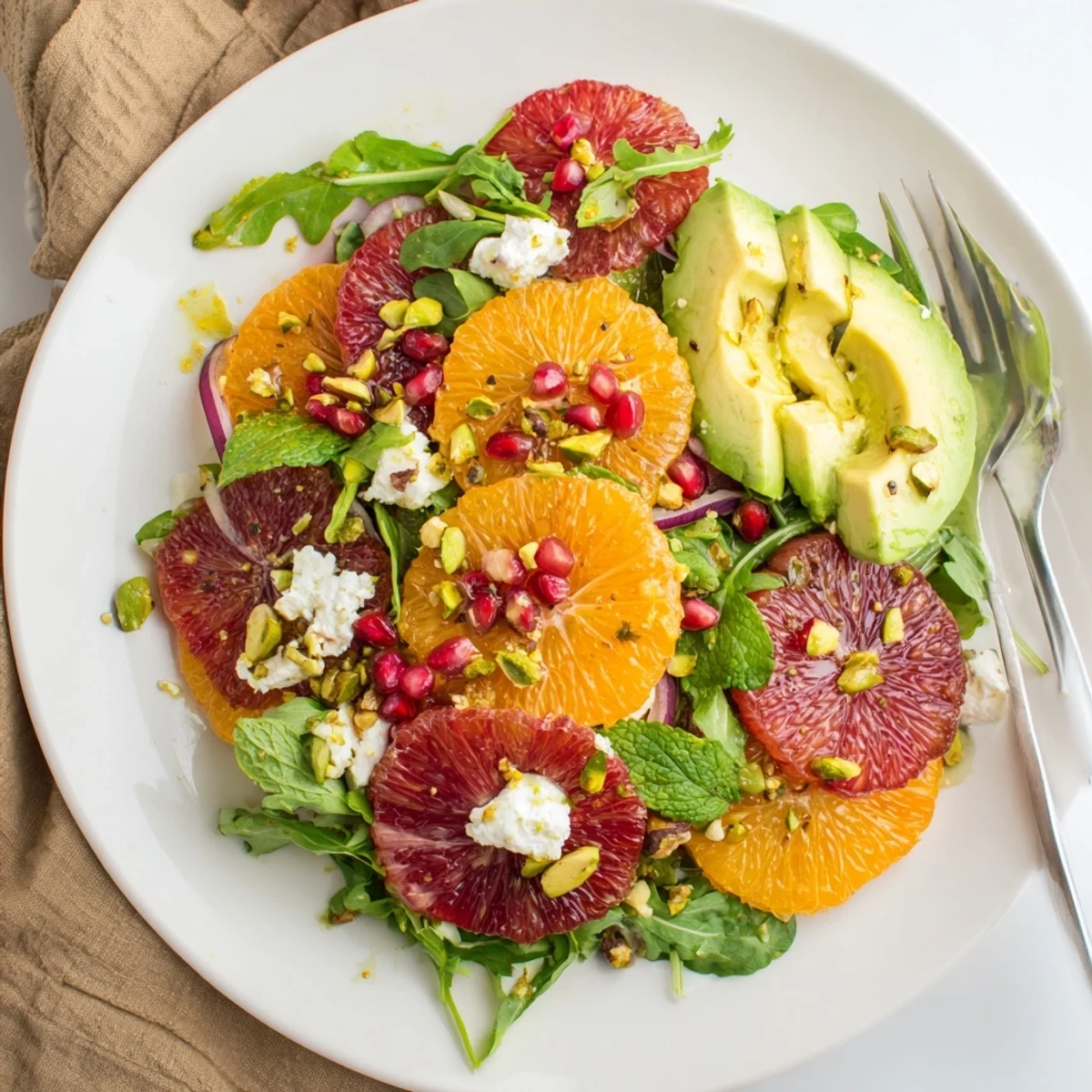 Creamy avocado slices and crumbled feta topping a vibrant Citrus Salad with Pomegranate Jewels