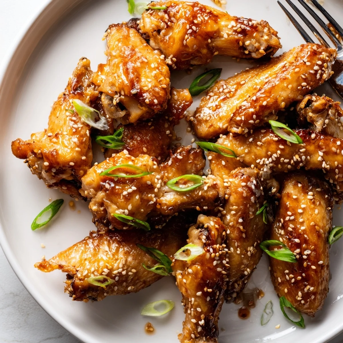 Crispy baked miso honey marinated chicken wings with sesame seeds on rustic platter
