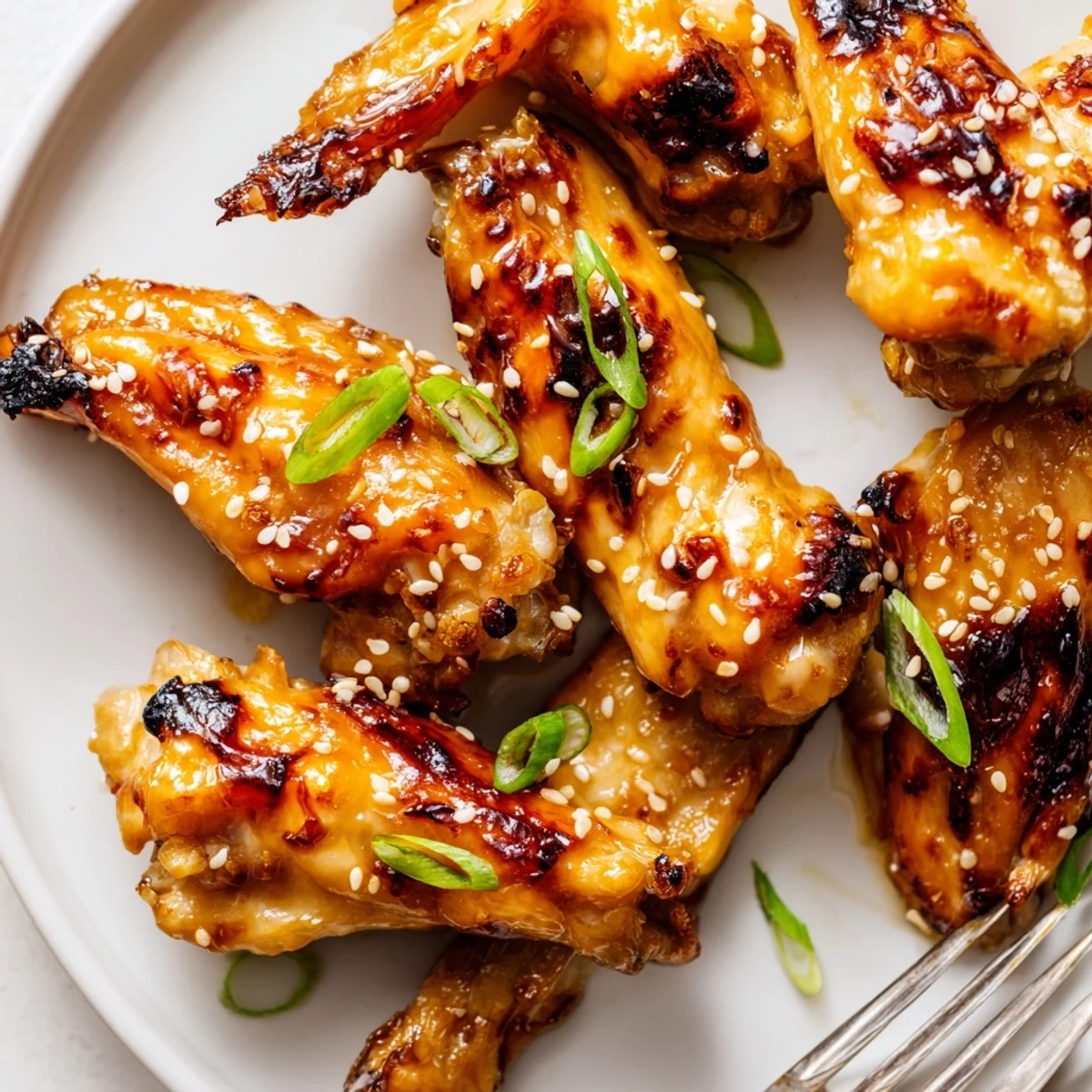Golden miso honey marinated chicken wings glistening with sticky glaze fresh from oven