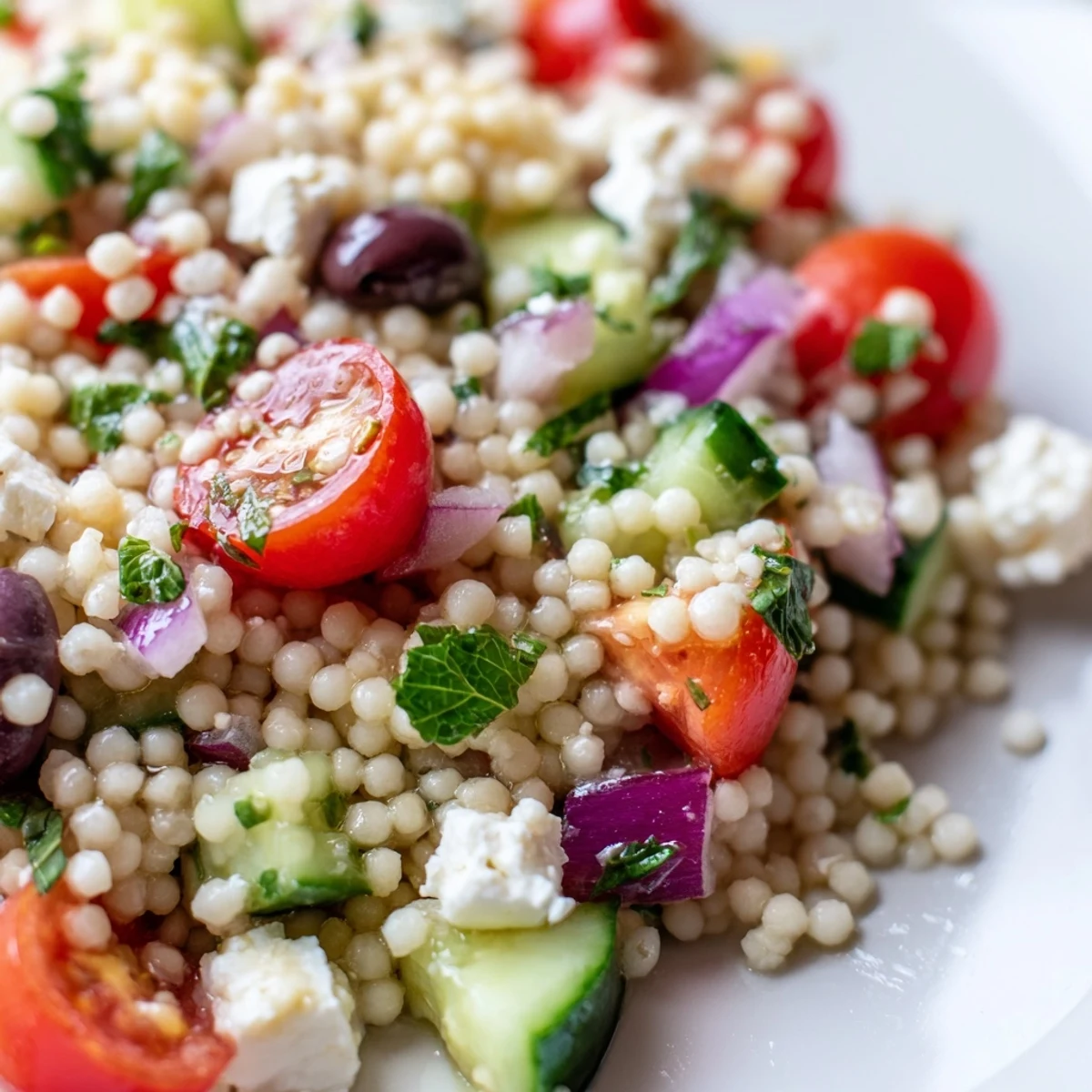 Fluffy Mediterranean couscous salad topped with crumbled feta, fresh vegetables, and glossy hot honey lemon vinaigrette.