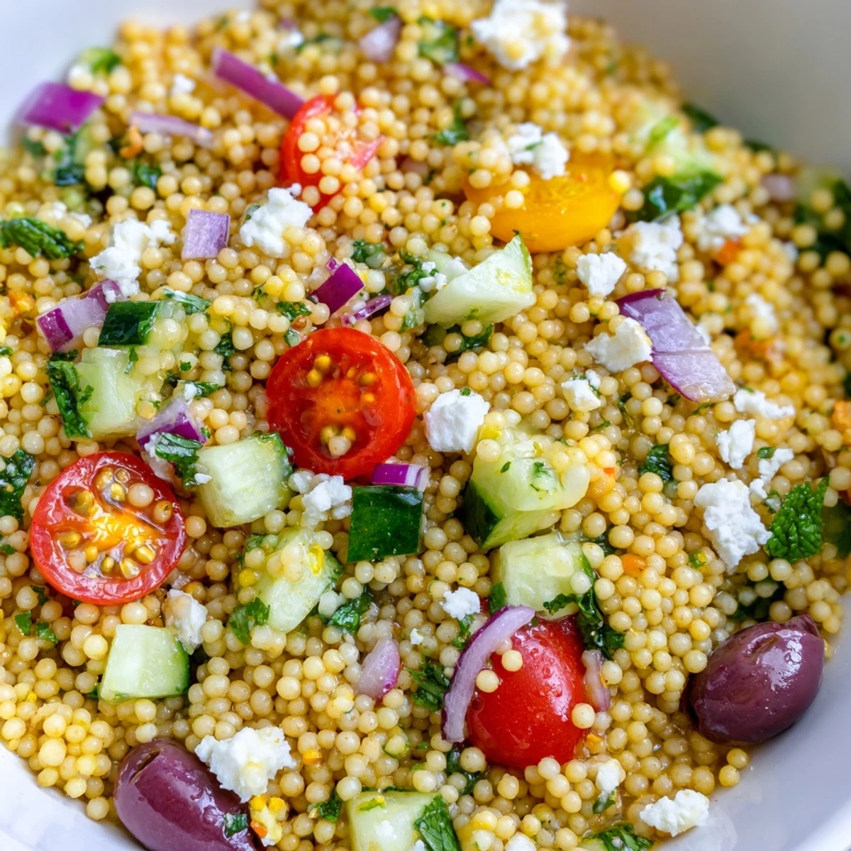 Vibrant Mediterranean couscous salad in a white bowl studded with cherry tomatoes, olives, and herbs.