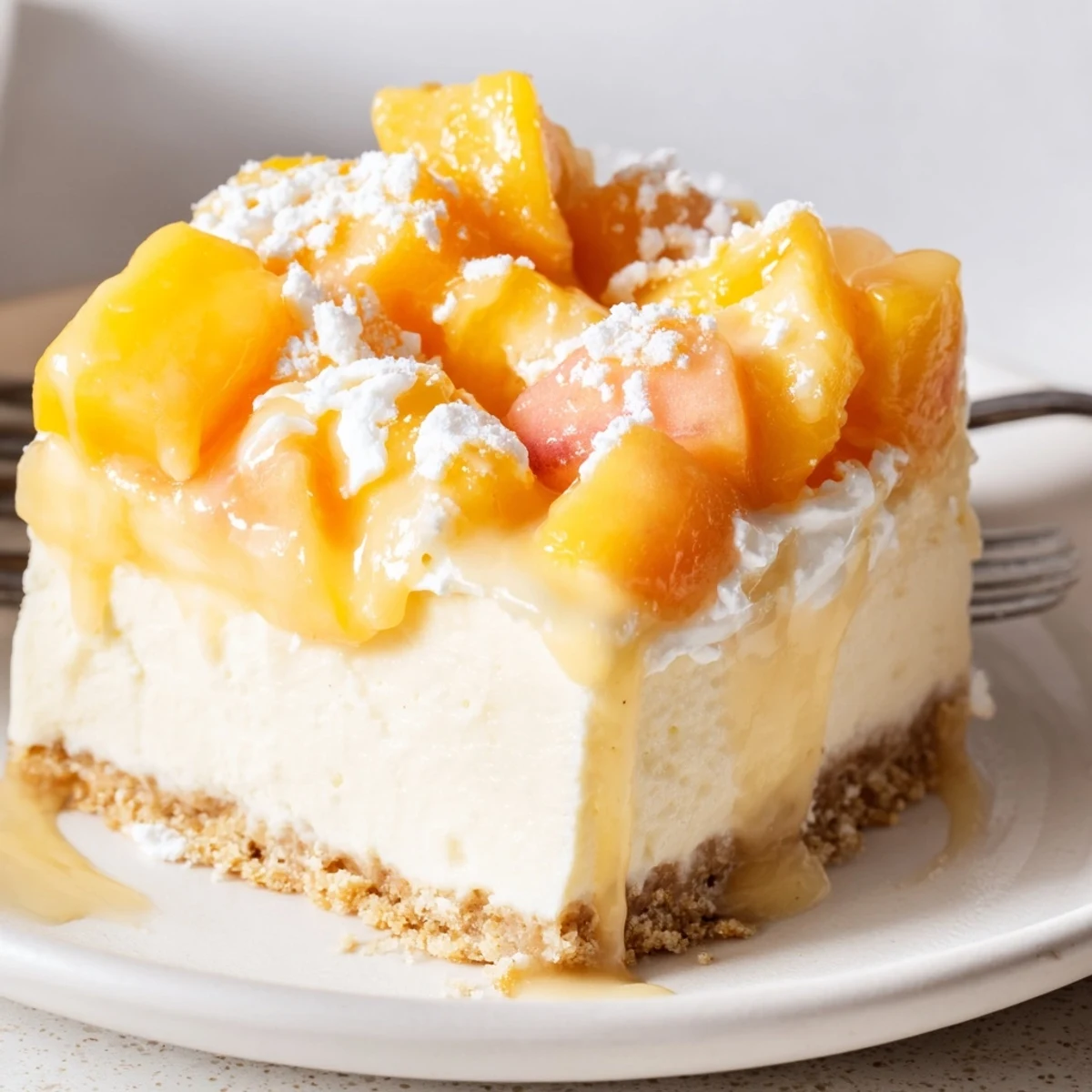 Creamy Peaches and Cream Cheesecake Bars sliced on a rustic summer dessert plate