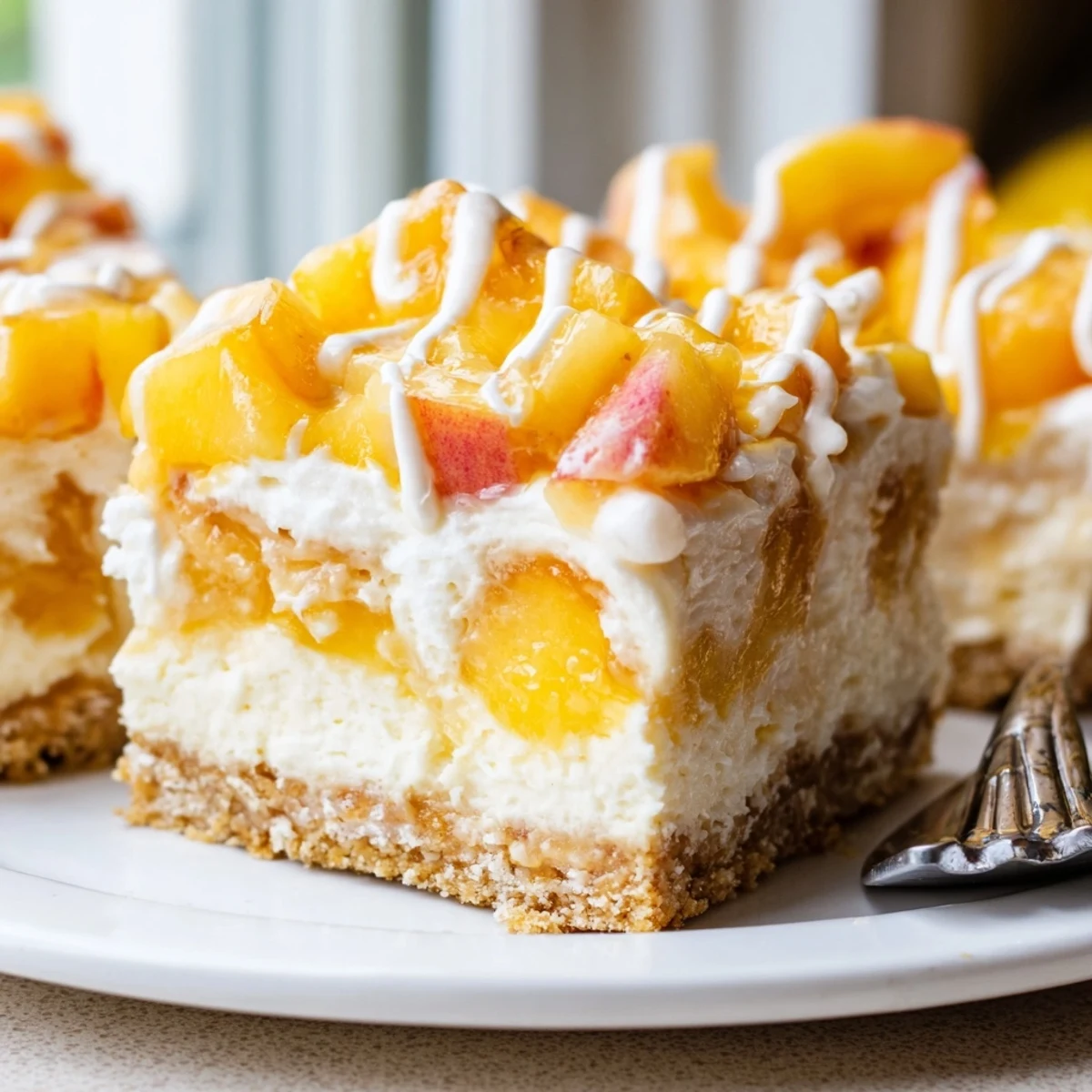 Golden buttery crust beneath luscious Peaches and Cream Cheesecake Bars with juicy peach topping
