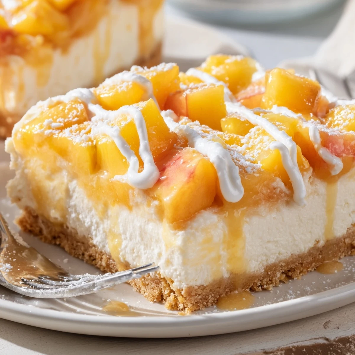 Chilled Peaches and Cream Cheesecake Bars drizzled with fresh whipped cream and peach slices