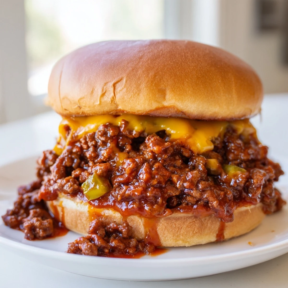 Smash burger sloppy joes bubbling in rich tangy sauce with pickled relish