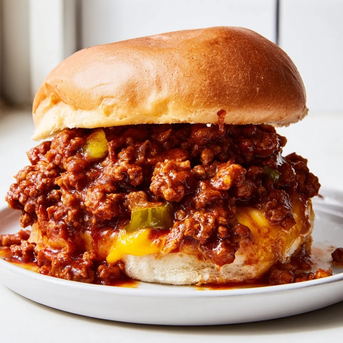 Melted cheddar tops these smash burger sloppy joes on golden toasted buns