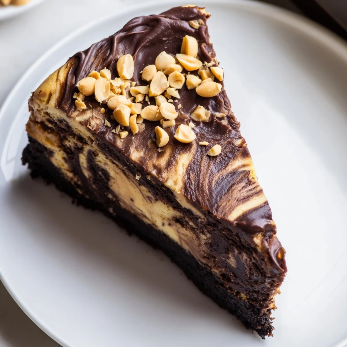 Creamy chocolate peanut butter cheesecake sliced on a rustic white plate