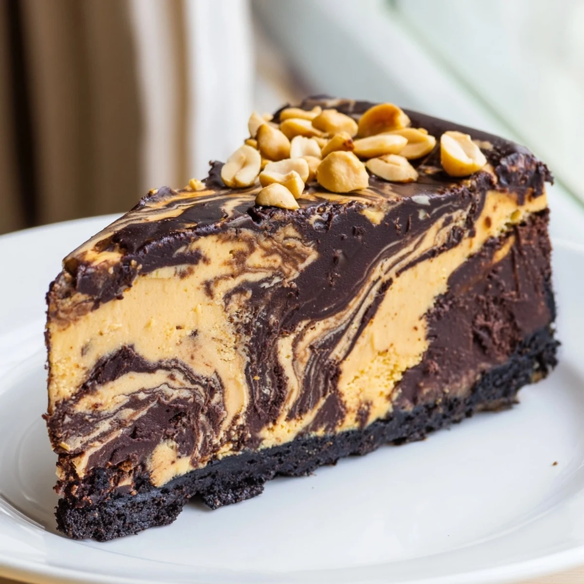 Rich chocolate peanut butter cheesecake with glossy ganache dripping down each slice