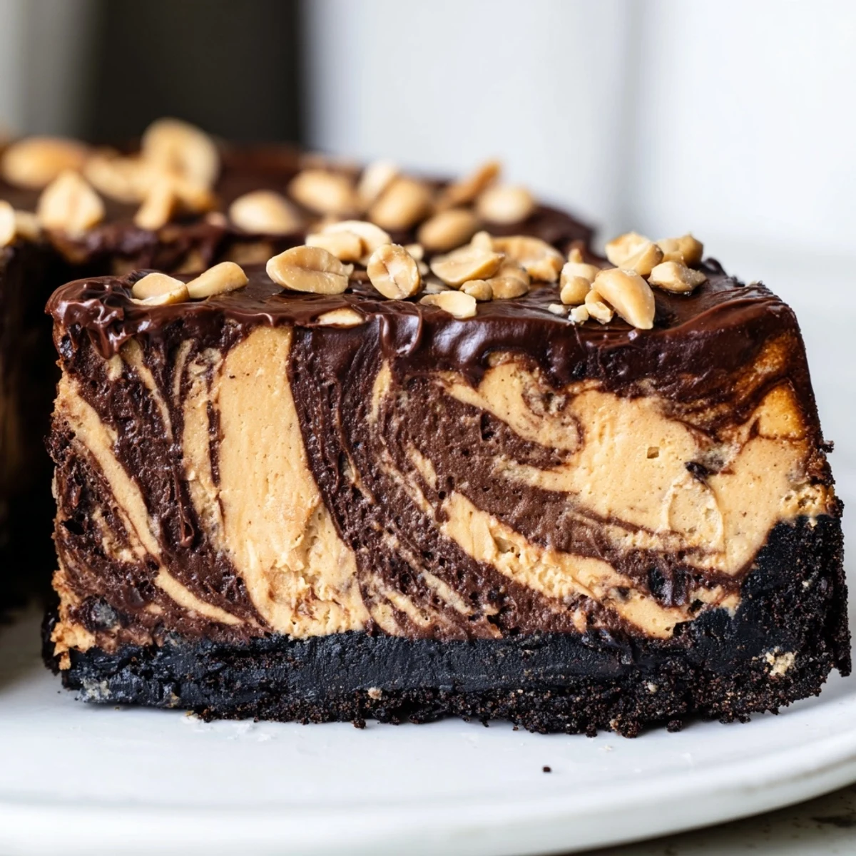 Decadent chocolate peanut butter cheesecake swirled with peanut butter and topped with peanuts