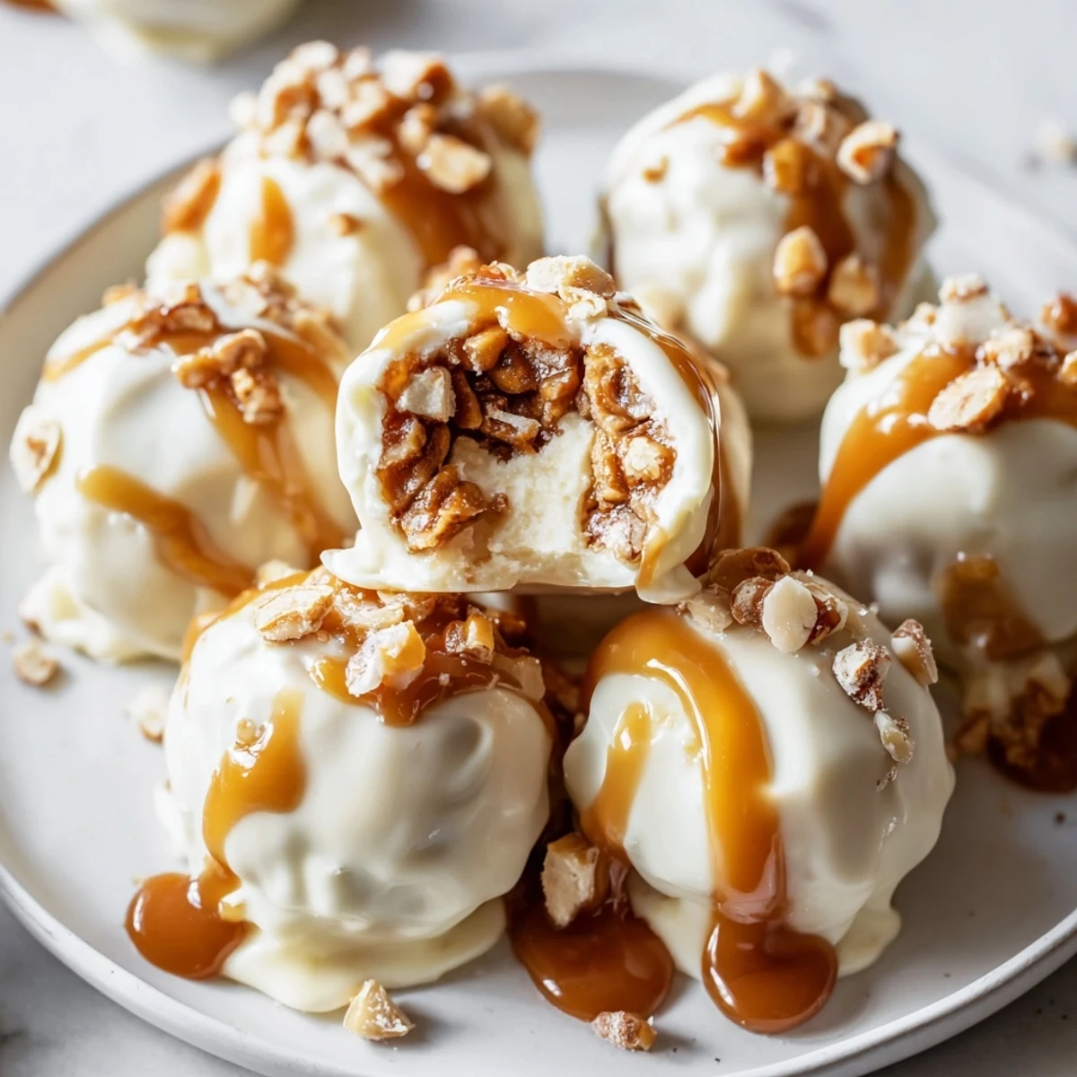 Creamy salted caramel pretzel cheesecake balls coated in melted white chocolate and drizzled with golden caramel sauce on a rustic serving tray.