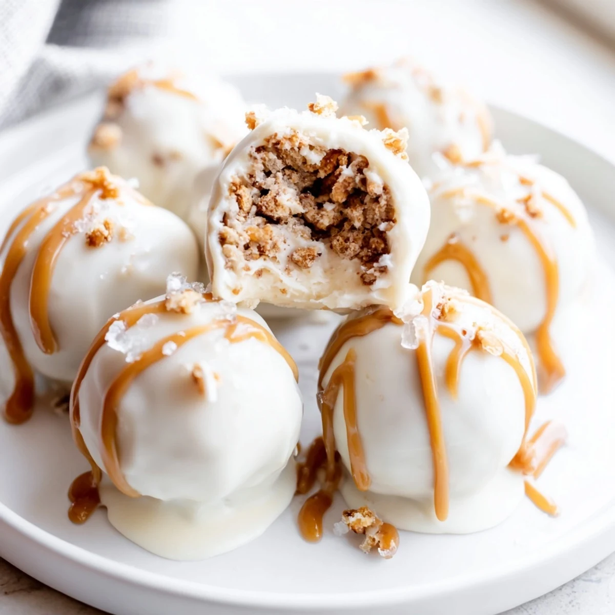 Golden caramel dripping over crunchy pretzel-crusted salted caramel pretzel cheesecake balls arranged on parchment paper with flaky sea salt sprinkles.