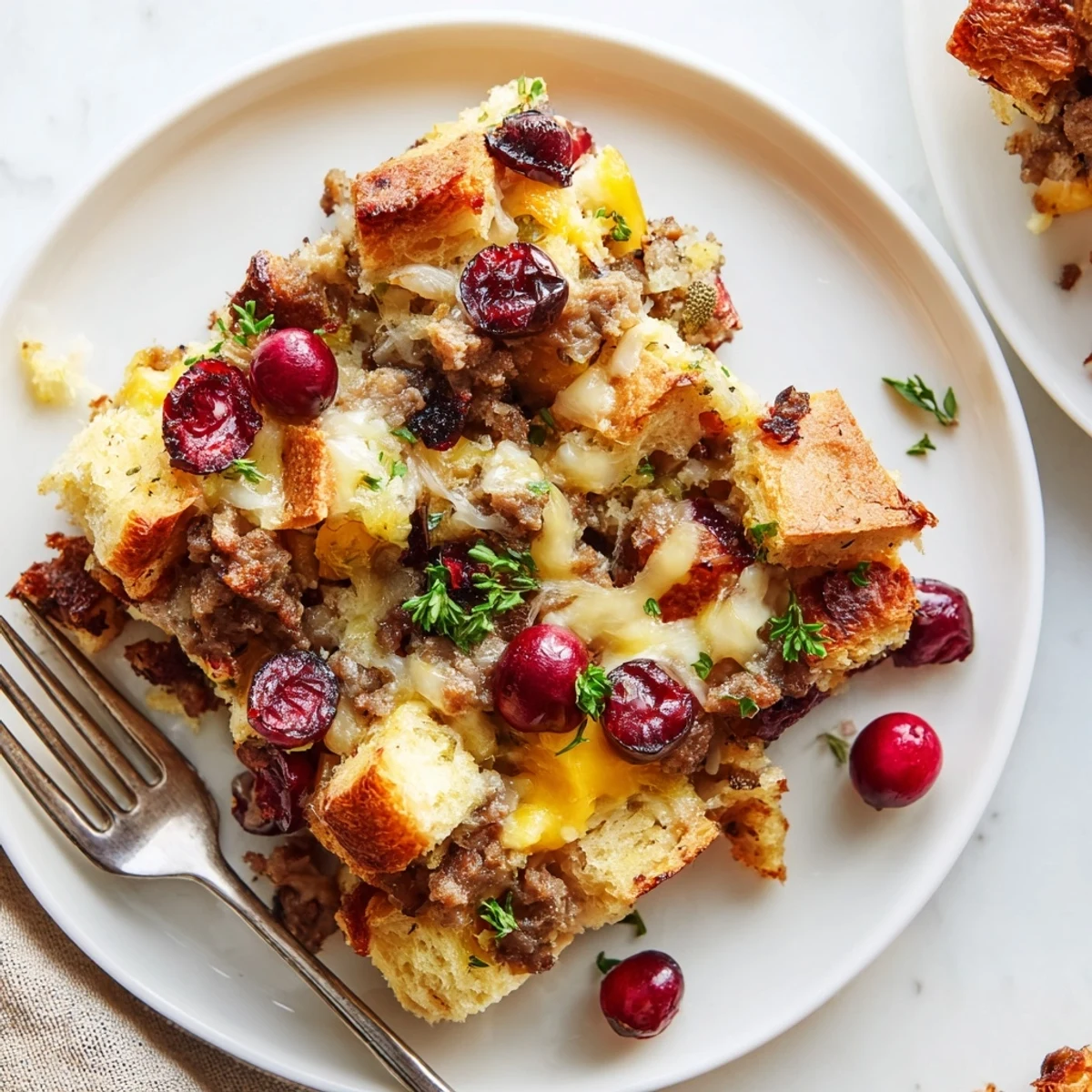 Golden baked Cranberry Sausage Stuffing Breakfast Casserole with bubbling melted cheddar on top