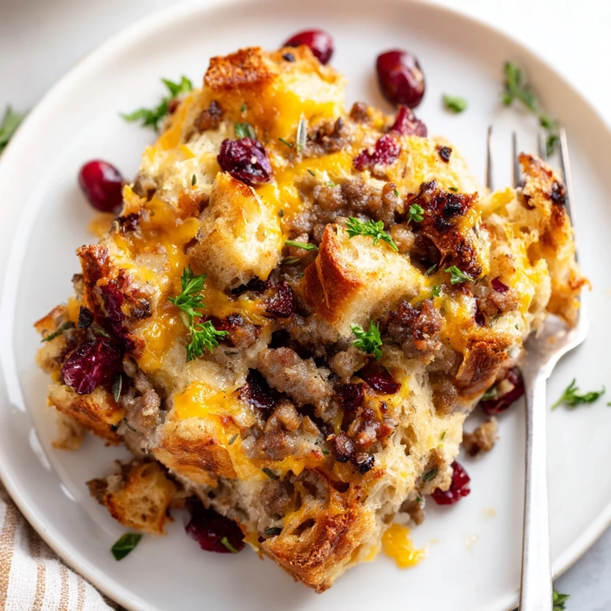 Hearty slice of Cranberry Sausage Stuffing Breakfast Casserole served on a rustic white plate
