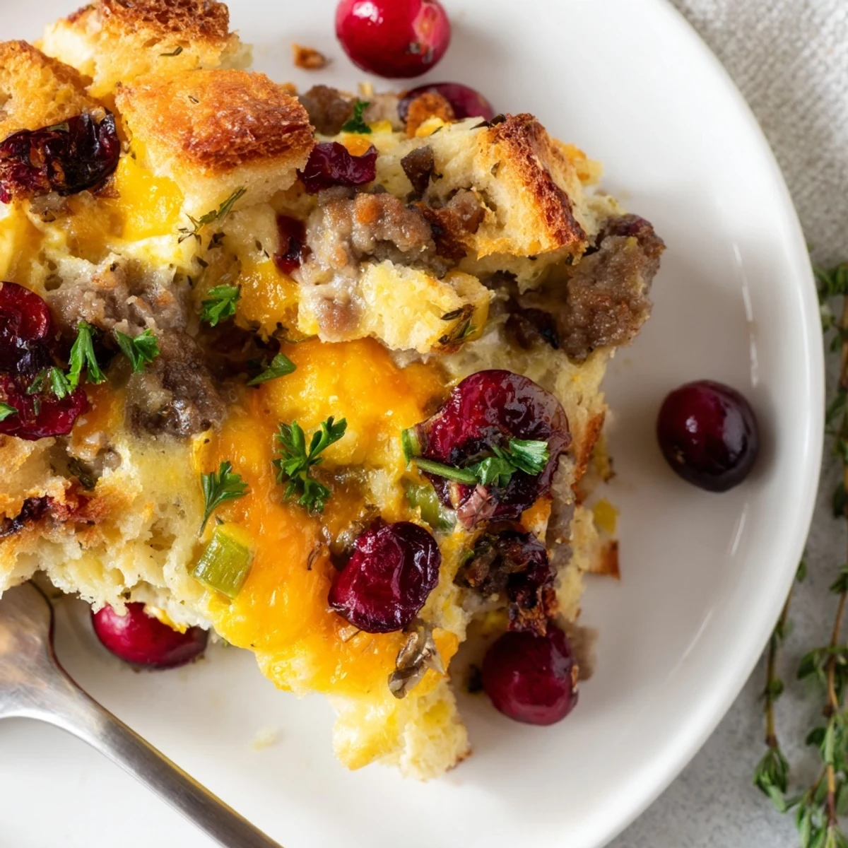 Steaming spoonful of Cranberry Sausage Stuffing Breakfast Casserole dotted with bright ruby cranberries