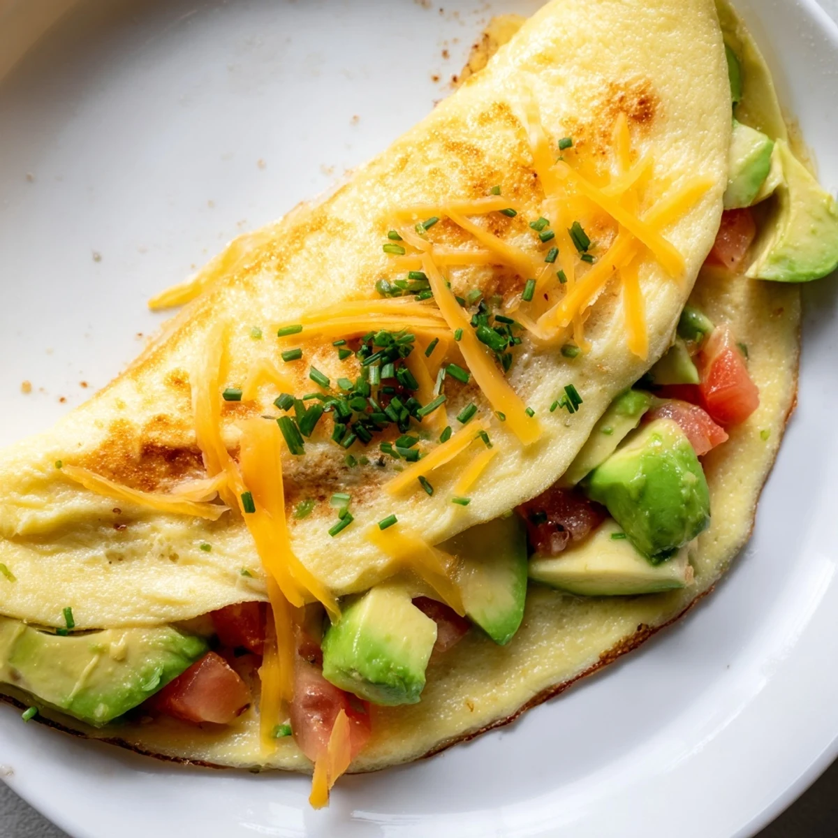 Golden creamy avocado cheesy tomato omelette folded on a white plate with fresh chives