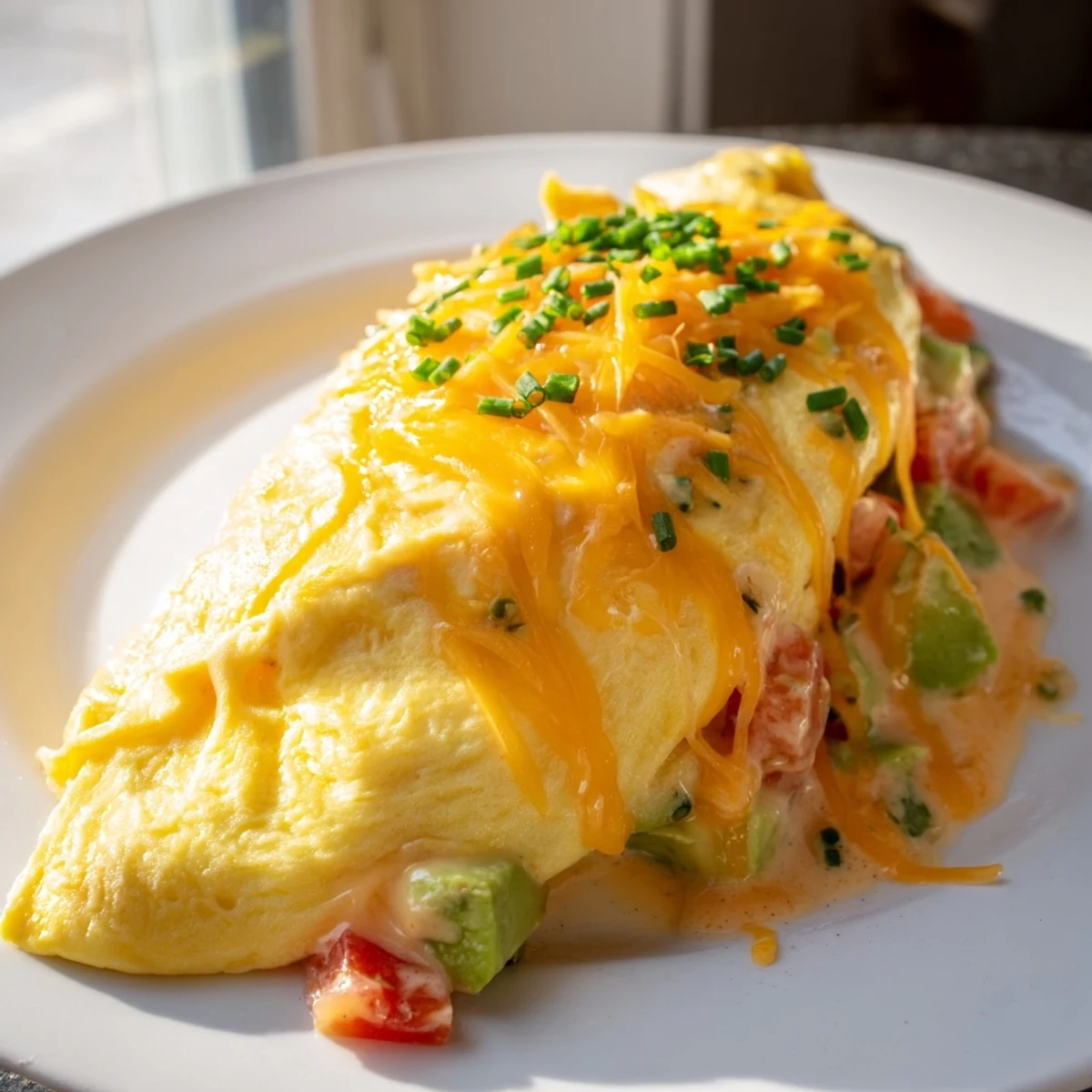 Melted cheddar and ripe avocado bursting from a creamy avocado cheesy tomato omelette