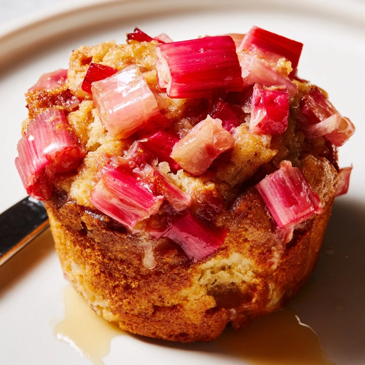 Warm upside down rhubarb muffins flipped to reveal glossy jewel-toned sticky fruit