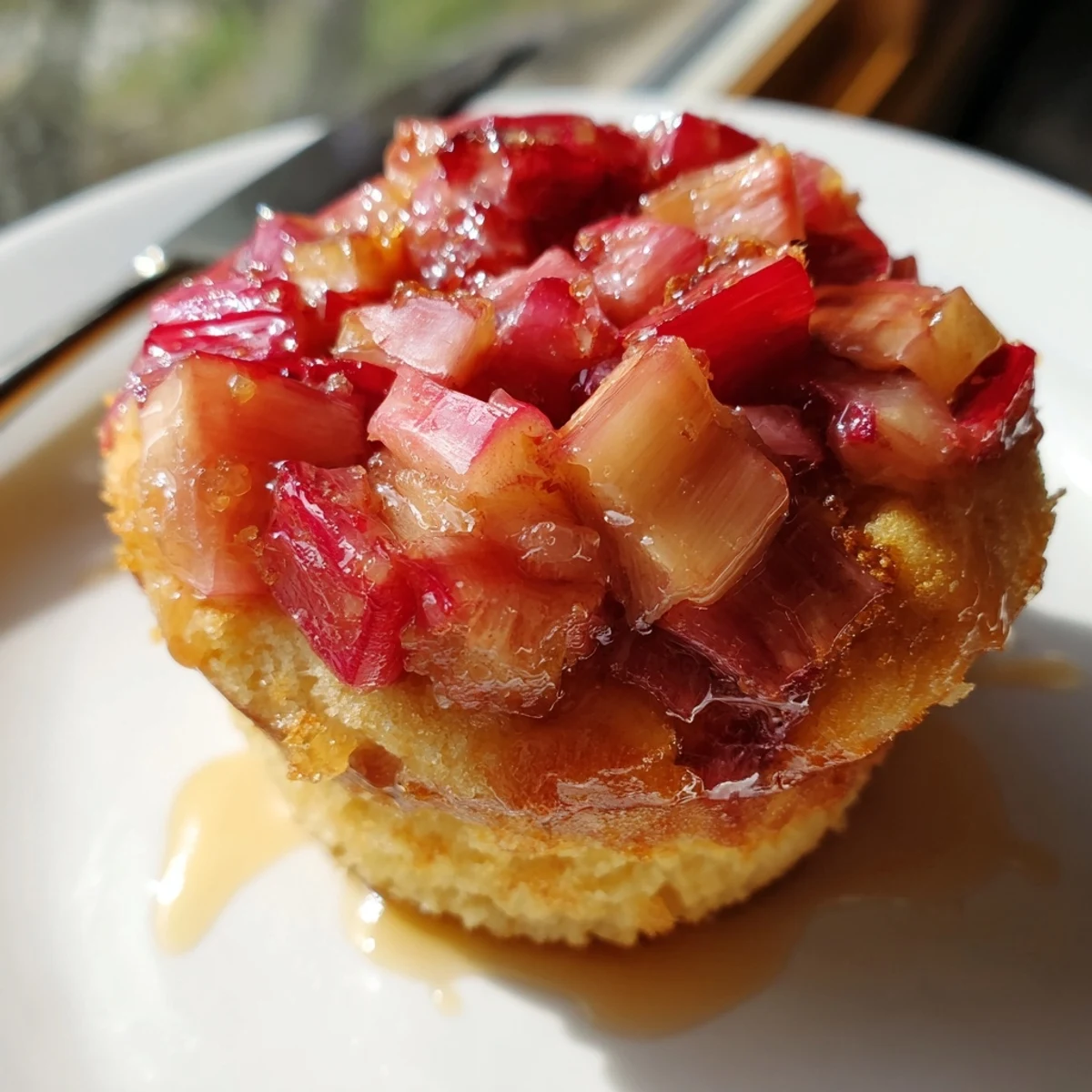 Golden upside down rhubarb muffins with caramelized fruit crowning each tender top