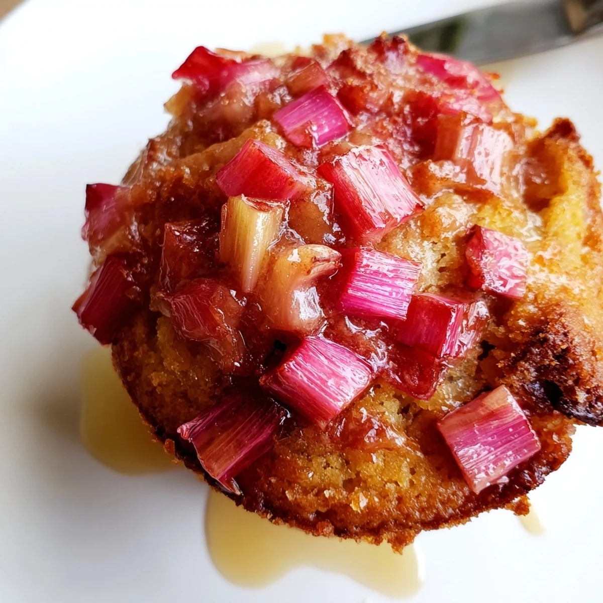 Fresh upside down rhubarb muffins served on a rustic plate with melted butter