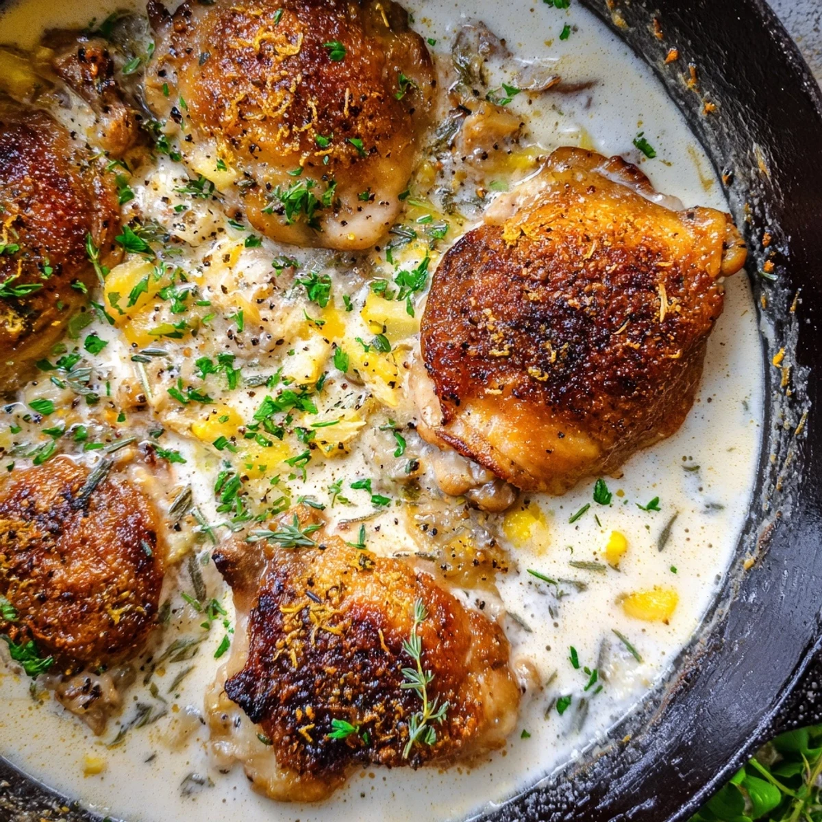Golden crispy chicken thighs nestled in a creamy parmesan garlic sauce fresh from oven
