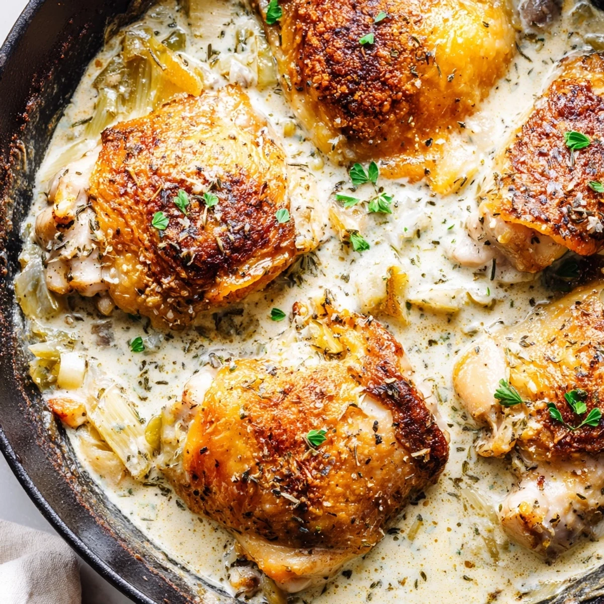 Creamy oven baked chicken thighs with herb garnish in bubbly parmesan sauce skillet
