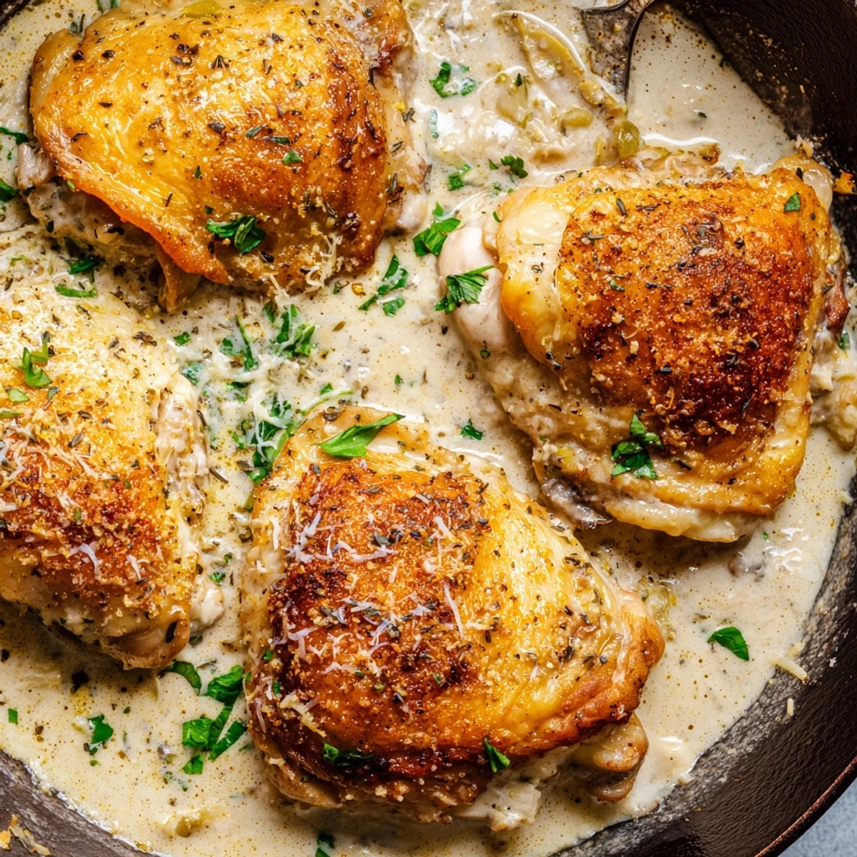 Juicy seared chicken thighs draped in rich creamy garlic herb sauce with parsley