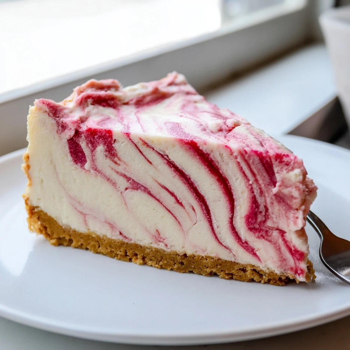 Tangy pink rhubarb swirls winding through a smooth low-carb cheesecake topped with fresh slices