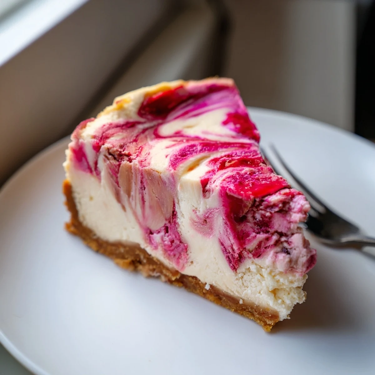 Creamy keto rhubarb cheesecake with a golden almond crust sliced on a rustic plate